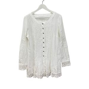 Wallmann White Linen Sz M Lace Pintuck Button Front Tunic Shirt Made in Austria